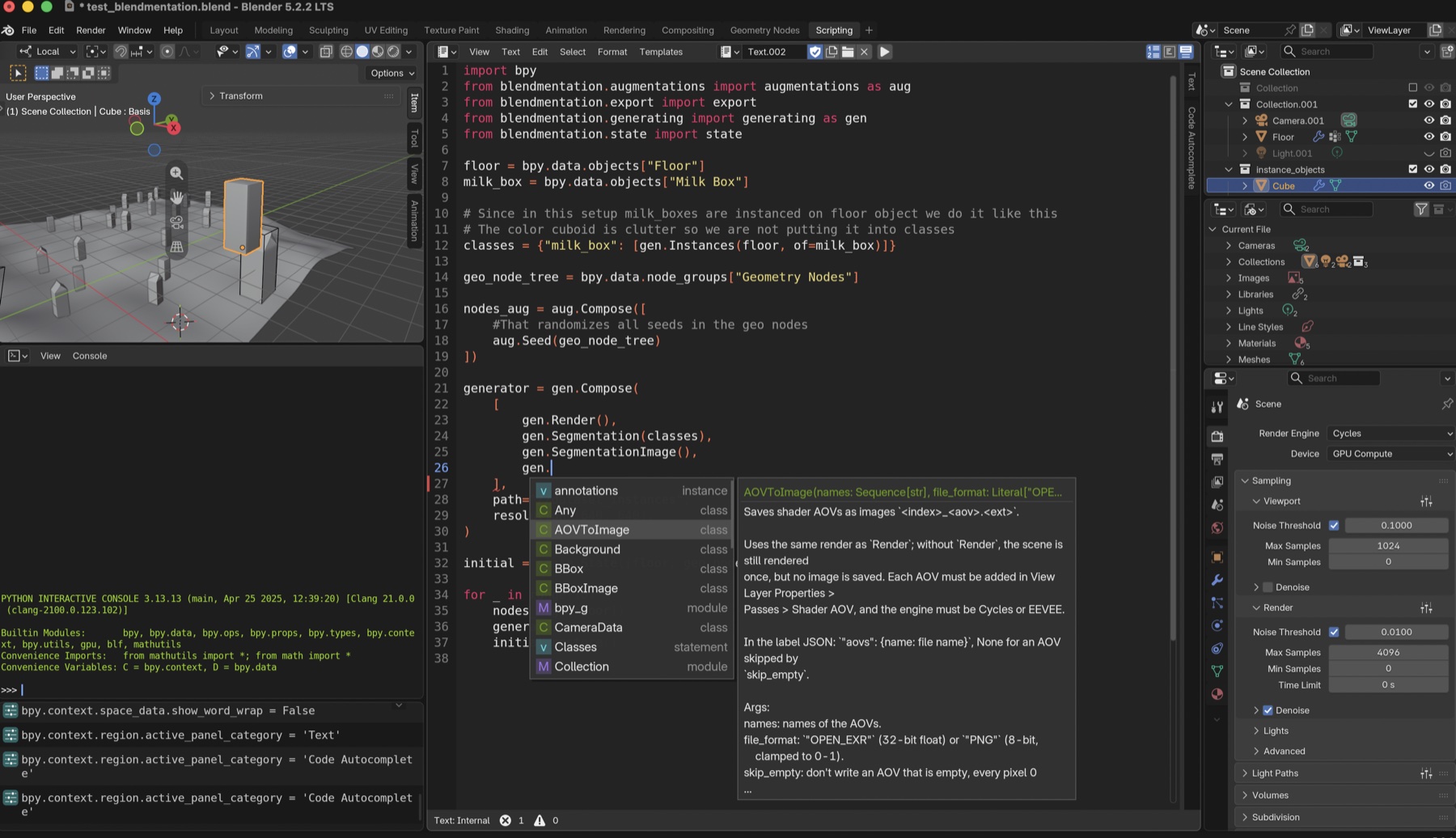 Blender Autocomplete listing the generating steps in Blender's Text Editor