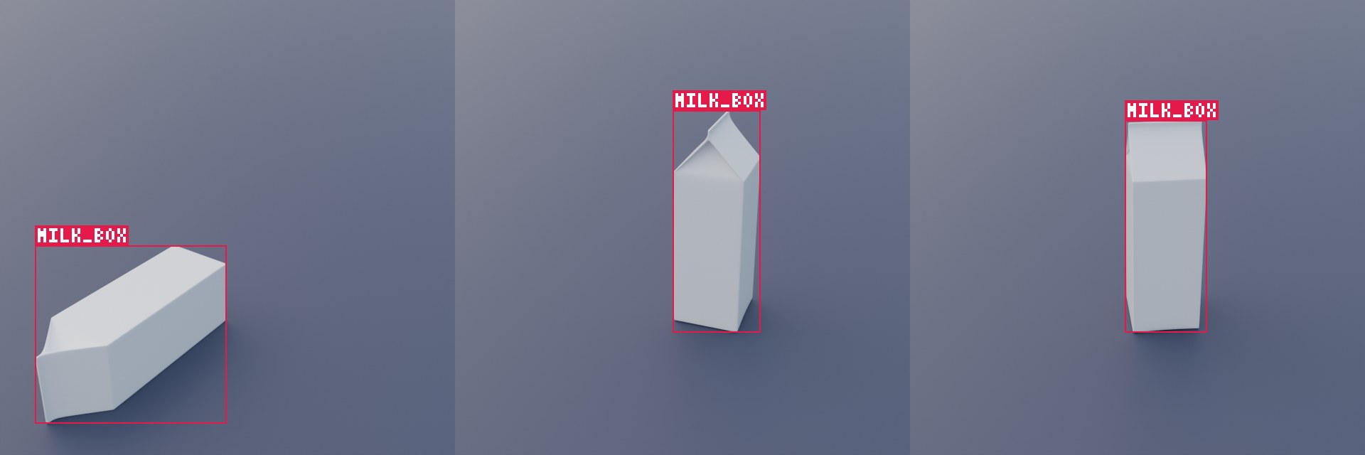 Three BBoxImage previews of the milk carton, standing and lying, with its box drawn