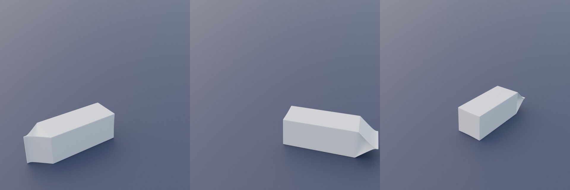 Three renders of the milk carton lying on its side