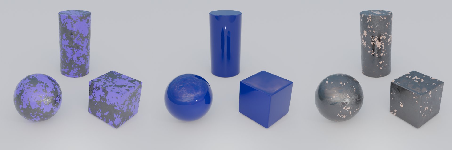 Three renders of a sphere, a cylinder and a cube with the material: blue paint chipped off dark metal, fully painted blue, and dark metal with a few pink paint spots