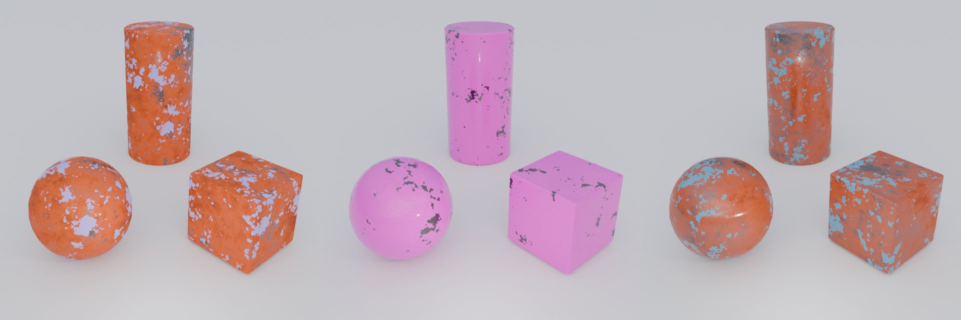 Three more renders: orange paint with light chips, pink paint with dark chips, and rusty orange paint with blue chips