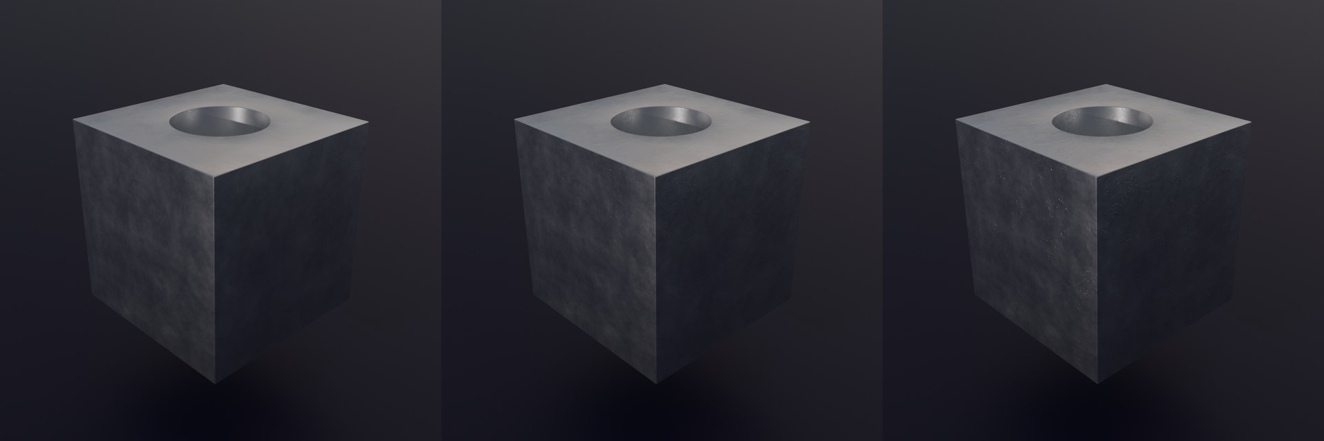 Three renders with different surface damage