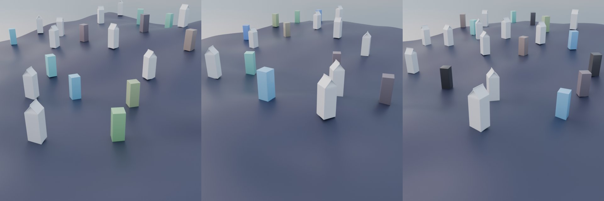 Three renders of milk cartons and boxes scattered on a displaced floor